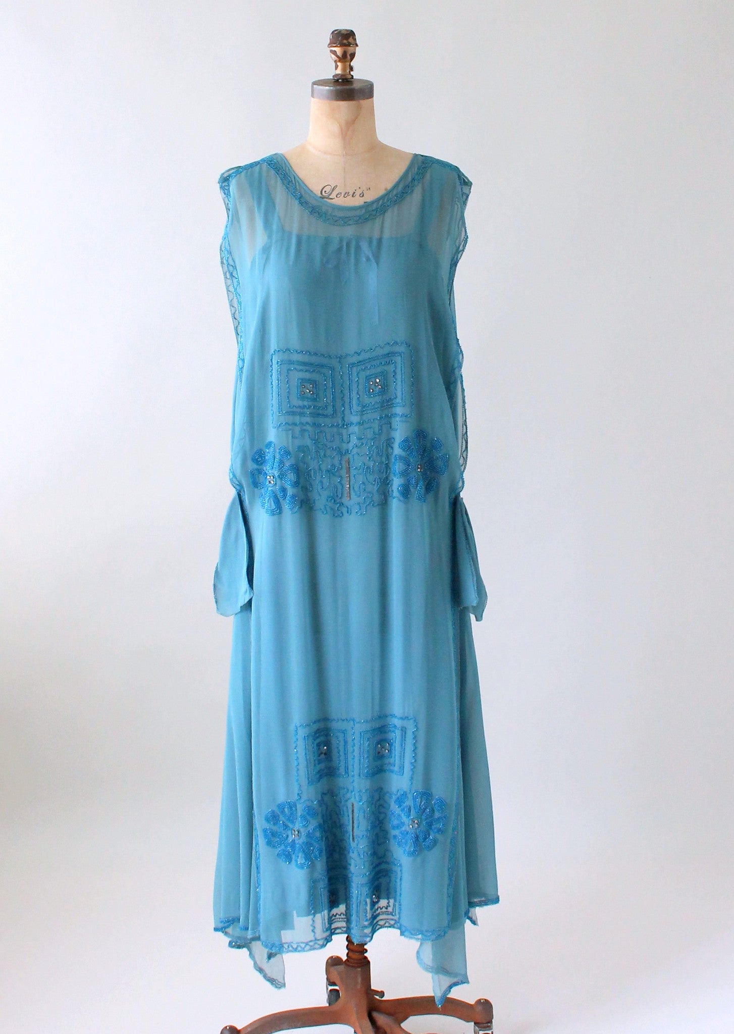 Vintage 1920s Cornflower Blue Tambour Beaded Silk Dress - Raleigh Vintage