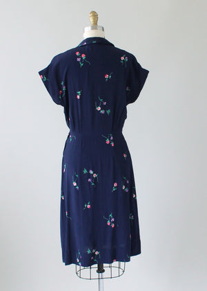 Vintage 1940s Navy Rayon Day Dress with Petite Flowers