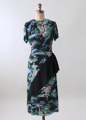 Vintage 1940s Floral Rayon Day Dress with Skirt Ruffle
