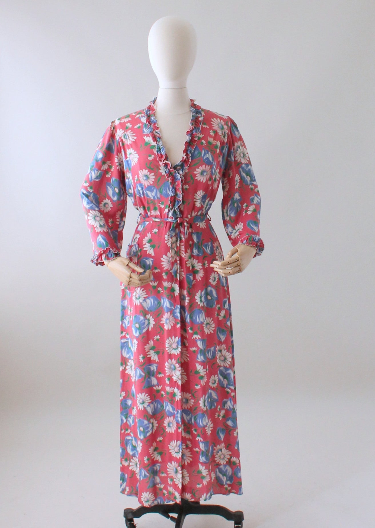 Vintage 1940s Pink Floral Rayon Dressing Gown or Maxi Dress