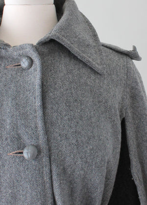 Vintage 1970s Grey Wool Belted Coat Cape