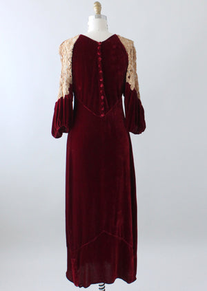 Vintage 1930s Red Velvet and Lace Evening Dress