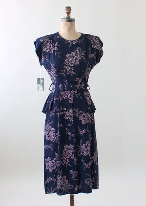 Vintage 1940s Navy and Pink Rayon Floral Dress with Peplum