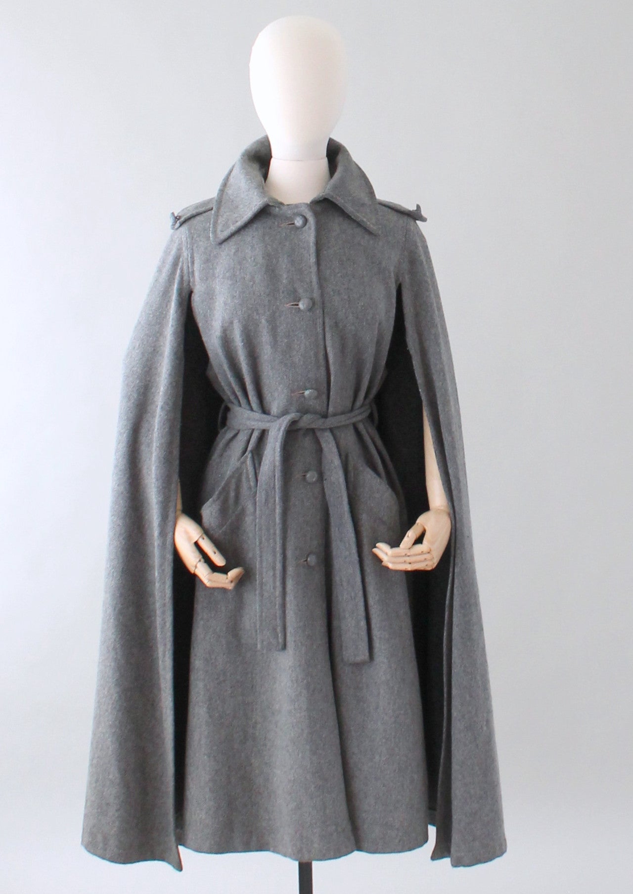 Vintage 1970s Grey Wool Belted Coat Cape - Raleigh Vintage
