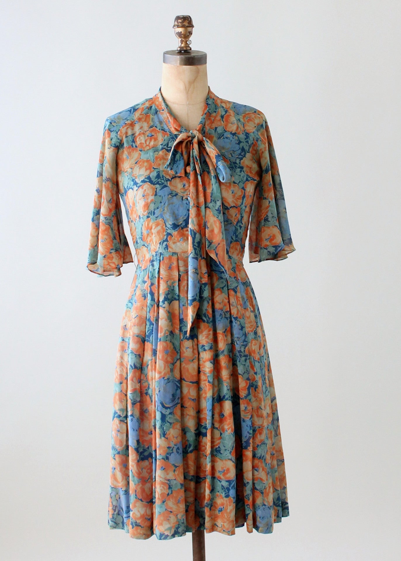 Vintage Floral Silk Dress with Flutter Sleeves