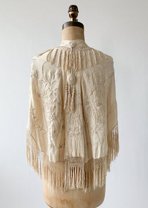 Vintage 1920s Embroidered Silk Caplet with Fringe