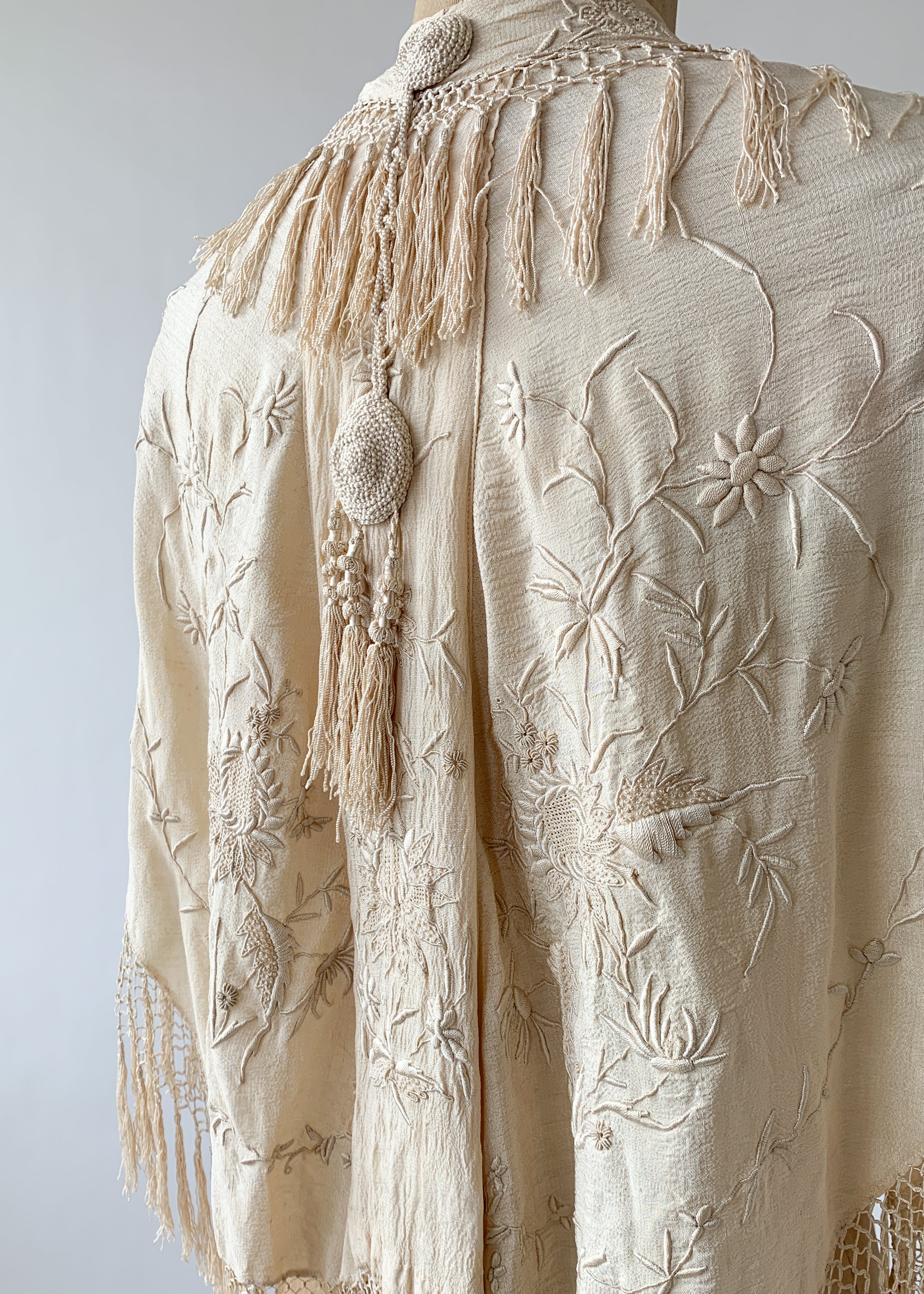 Vintage 1920s Embroidered Silk Caplet with Fringe
