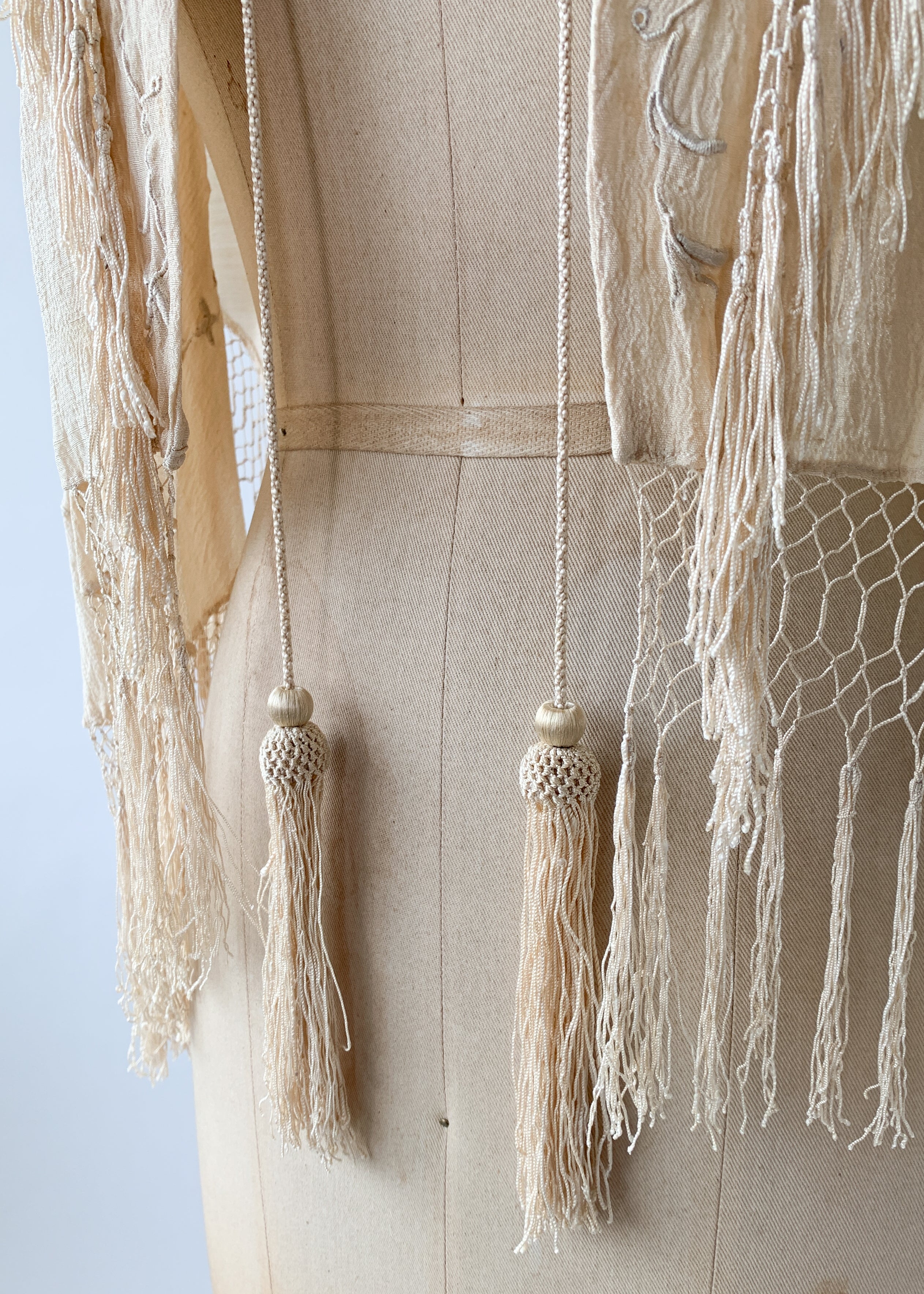 Vintage 1920s Embroidered Silk Caplet with Fringe