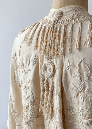 Vintage 1920s Embroidered Silk Caplet with Fringe