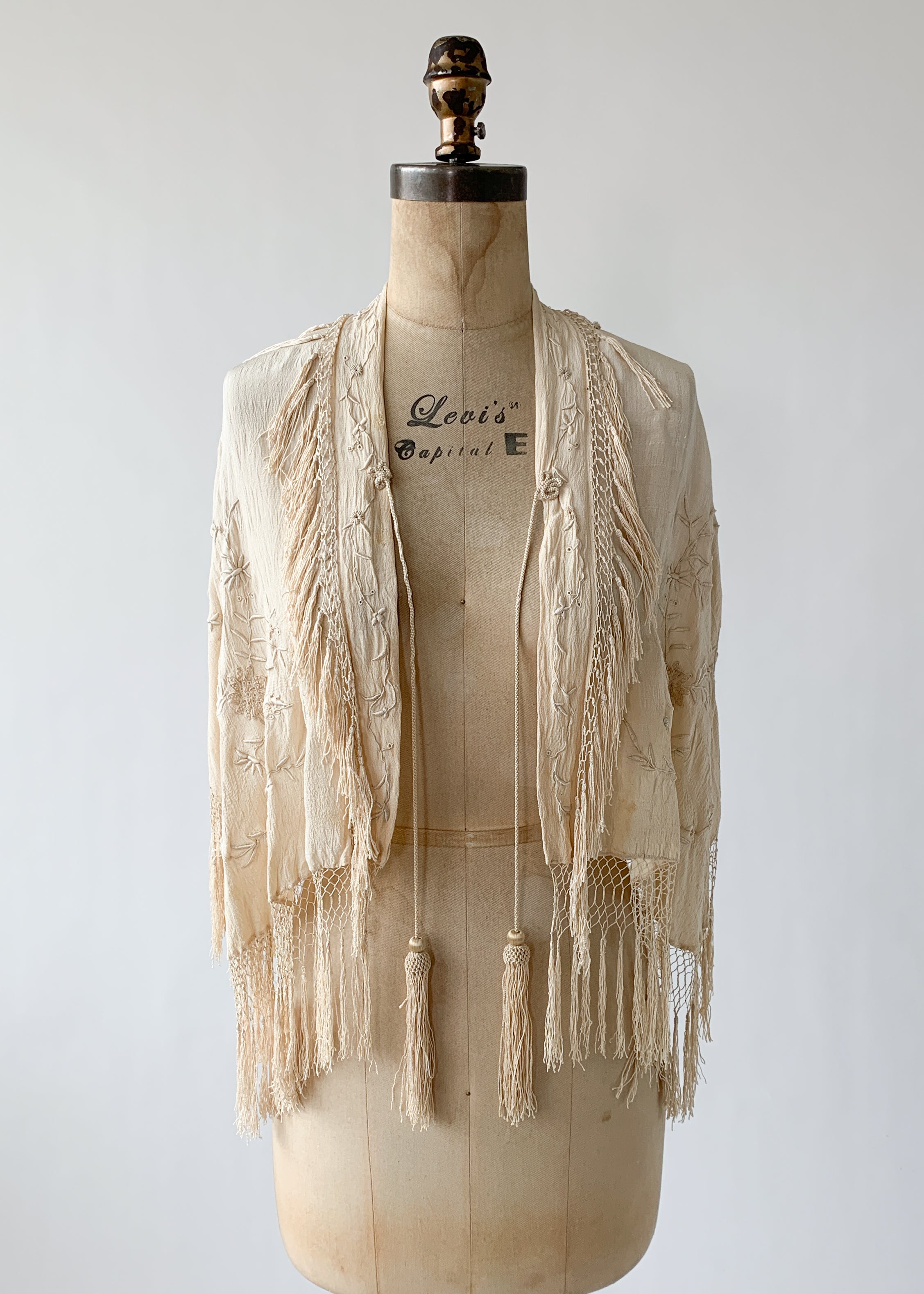 Vintage 1920s Embroidered Silk Caplet with Fringe