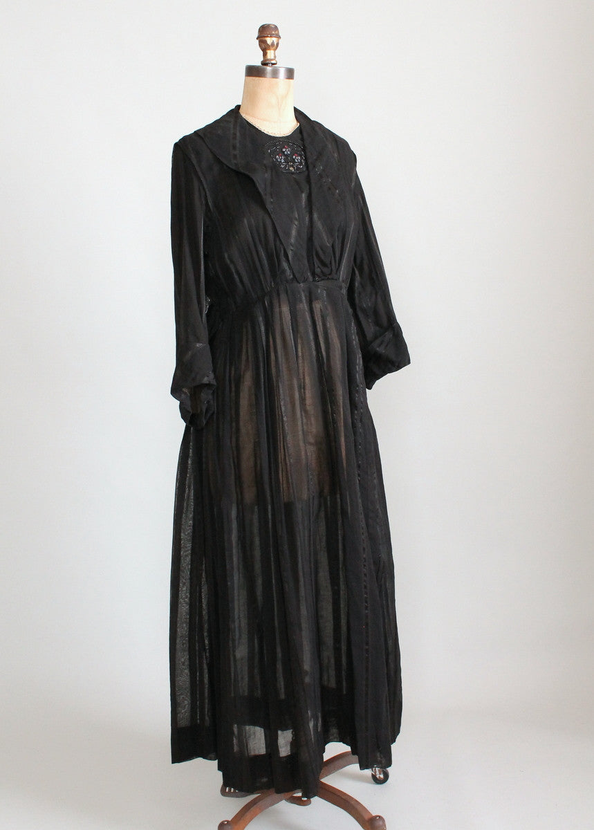 Antique 1910s Beaded Black Striped Cotton Day Dress