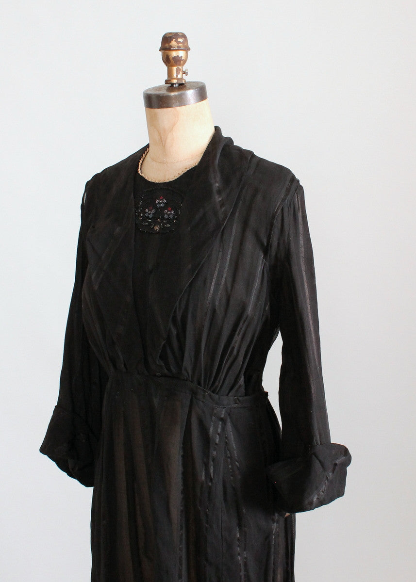 Antique 1910s Beaded Black Striped Cotton Day Dress