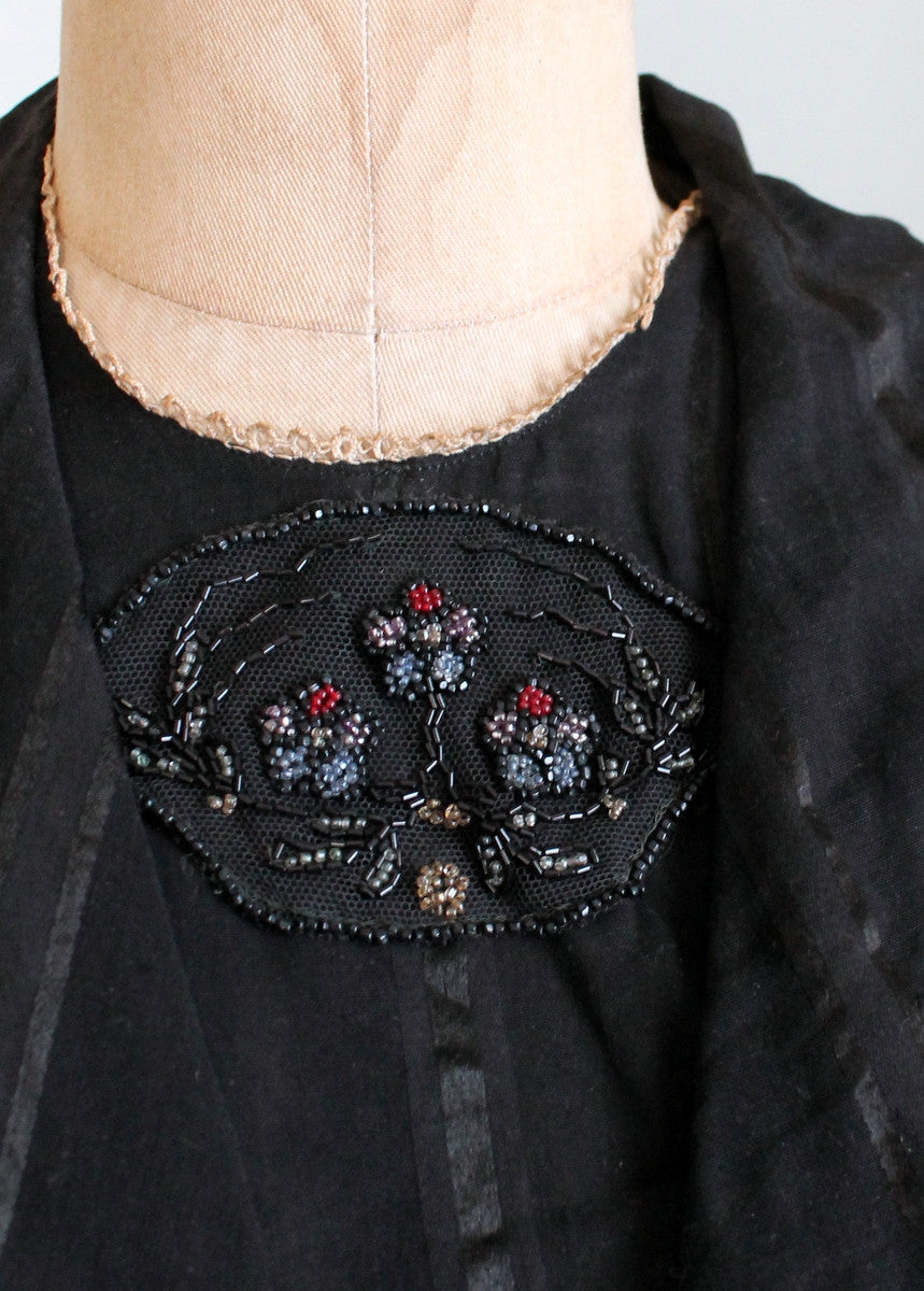 Antique 1910s Beaded Black Striped Cotton Day Dress