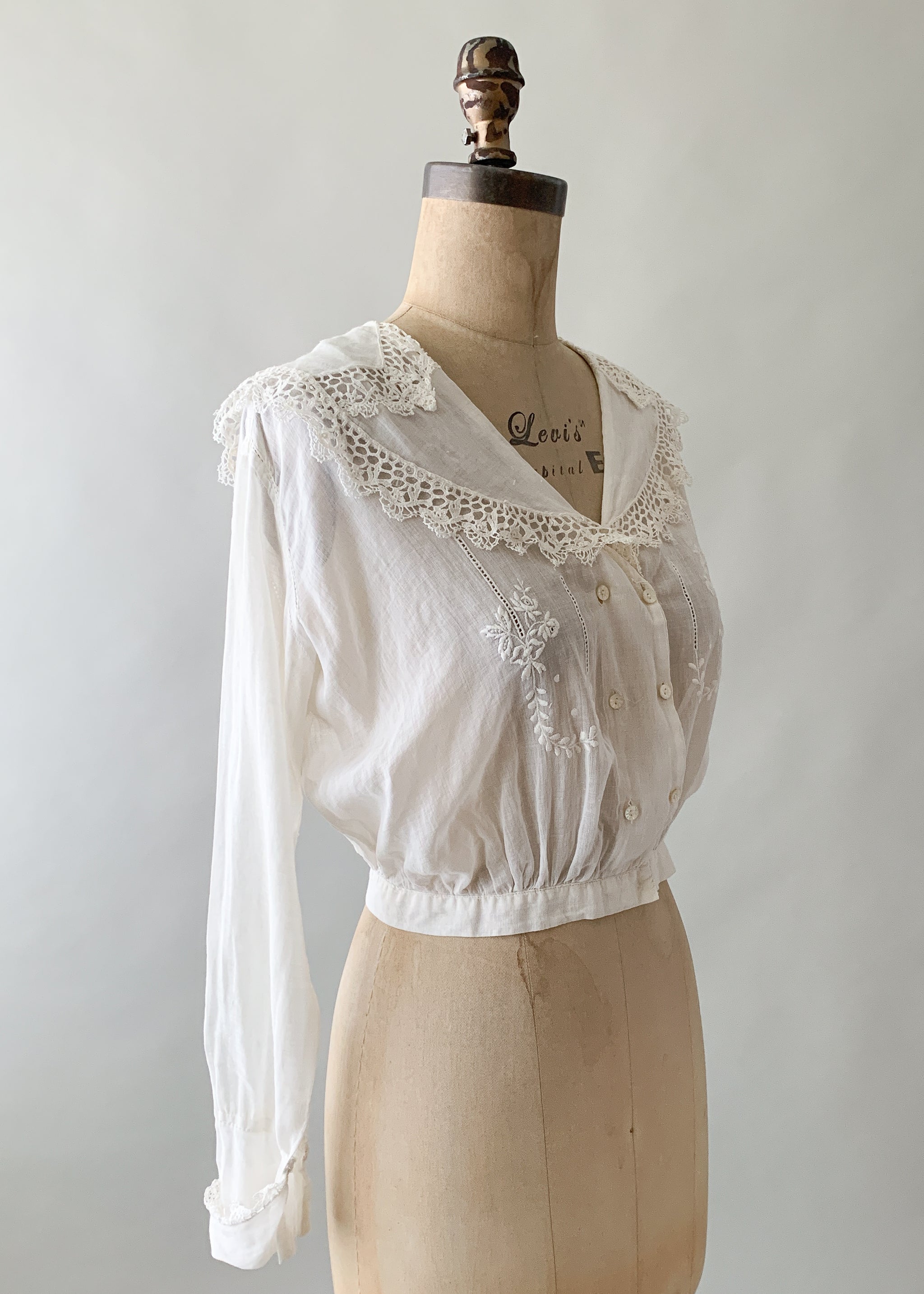 Antique Edwardian Embroidered Cotton Blouse - Raleigh Vintage