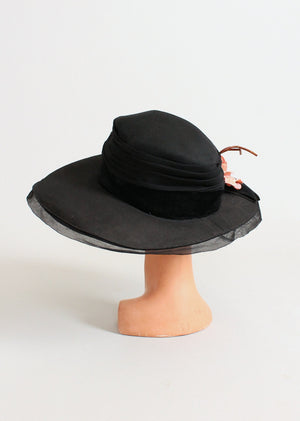 Vintage Early 1920s Black Wide Brim Cloche Hat with Pink Flowers