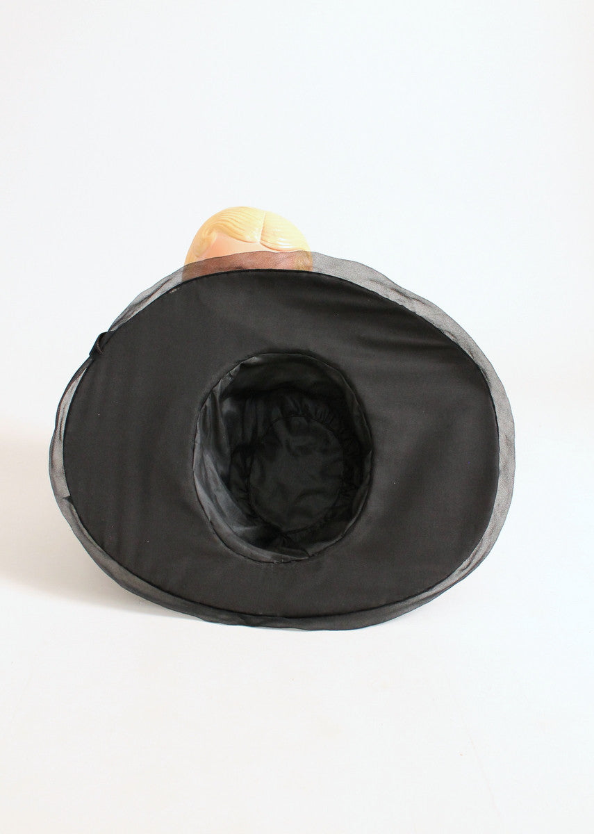 Vintage Early 1920s Black Wide Brim Cloche Hat with Pink Flowers