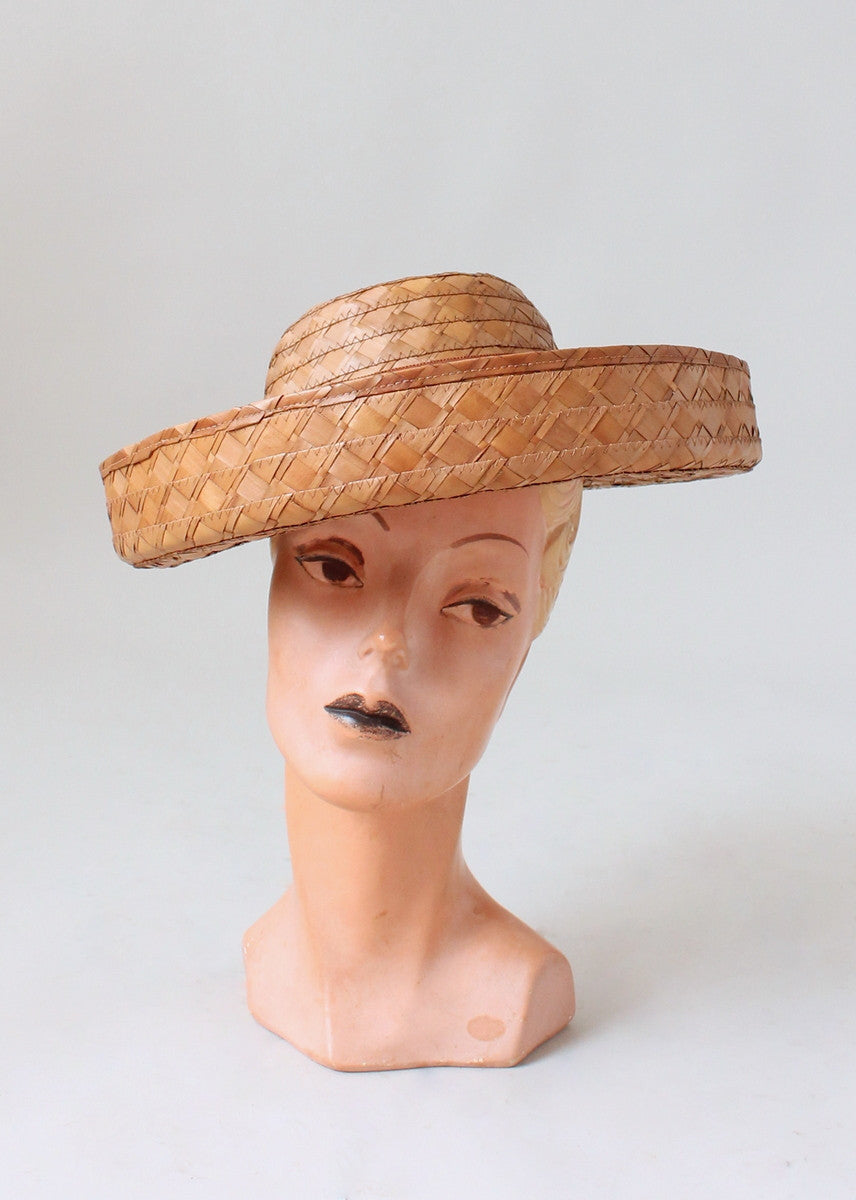 Vintage Early 1940s Deep Brim Straw Hat