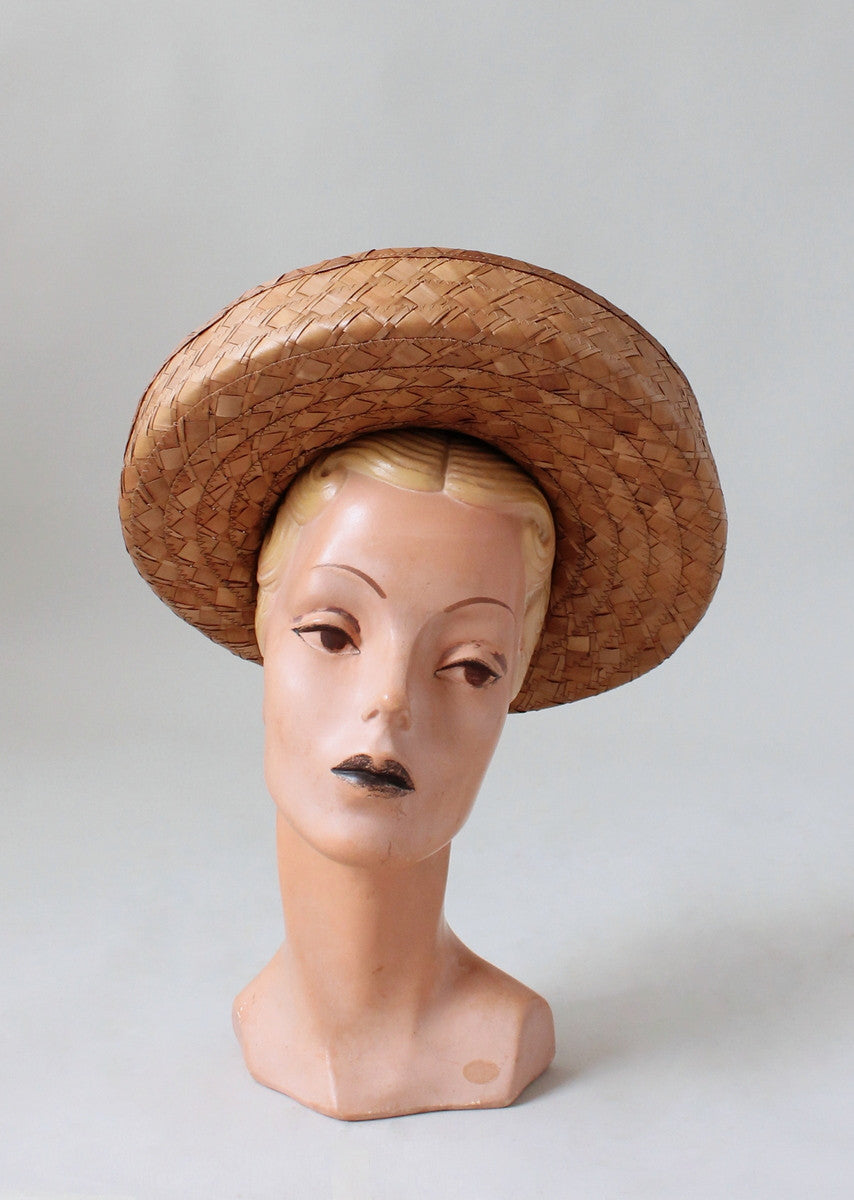 Vintage Early 1940s Deep Brim Straw Hat