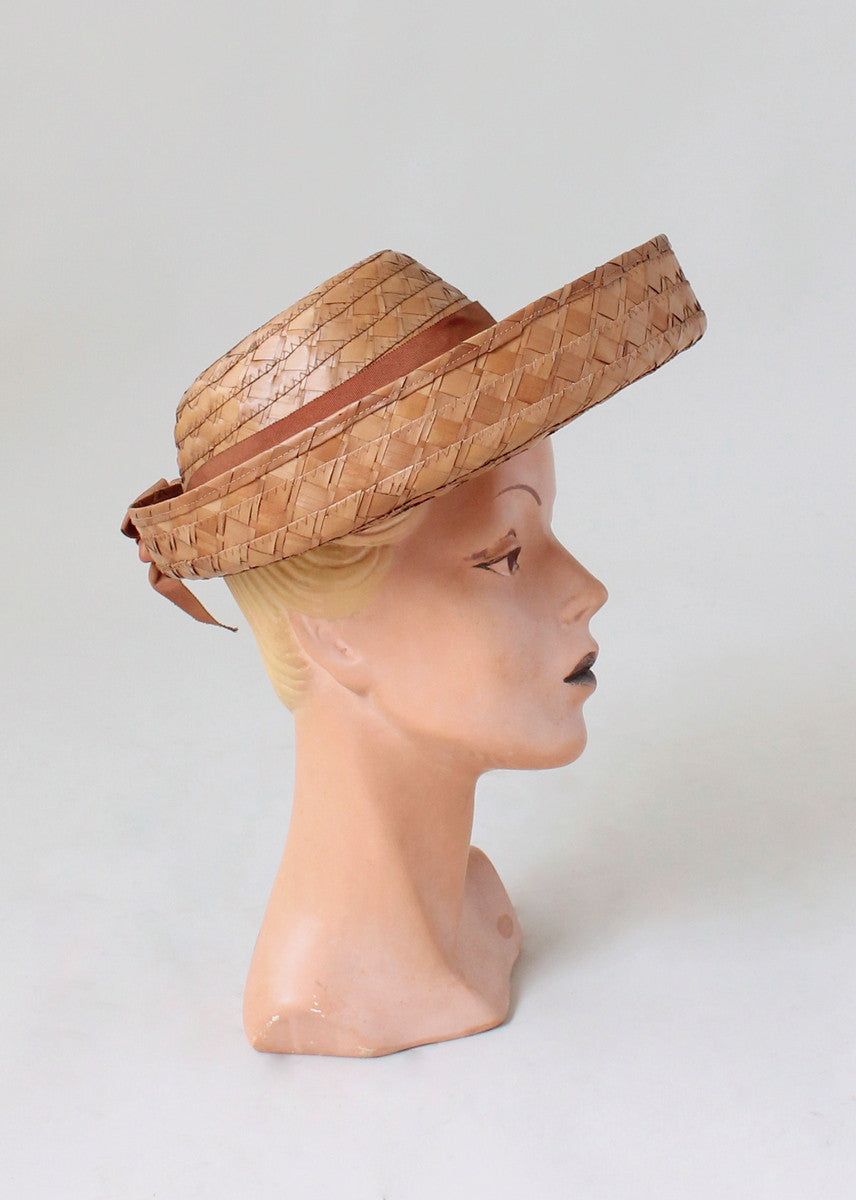 Vintage Early 1940s Deep Brim Straw Hat