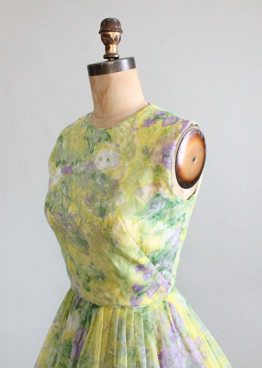 Vintage 1960s Chartreuse and Purple Floral Dress