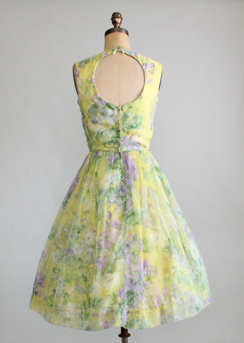 Vintage 1960s Chartreuse and Purple Floral Dress