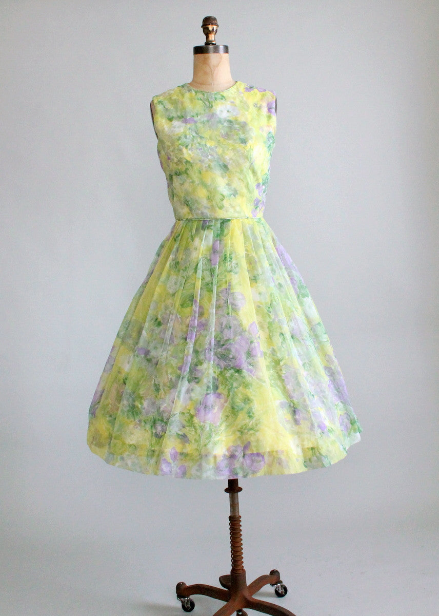 Vintage 1960s Chartreuse and Purple Floral Dress