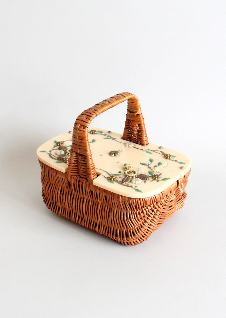 Vintage 1940s wicker and celluloid handbag