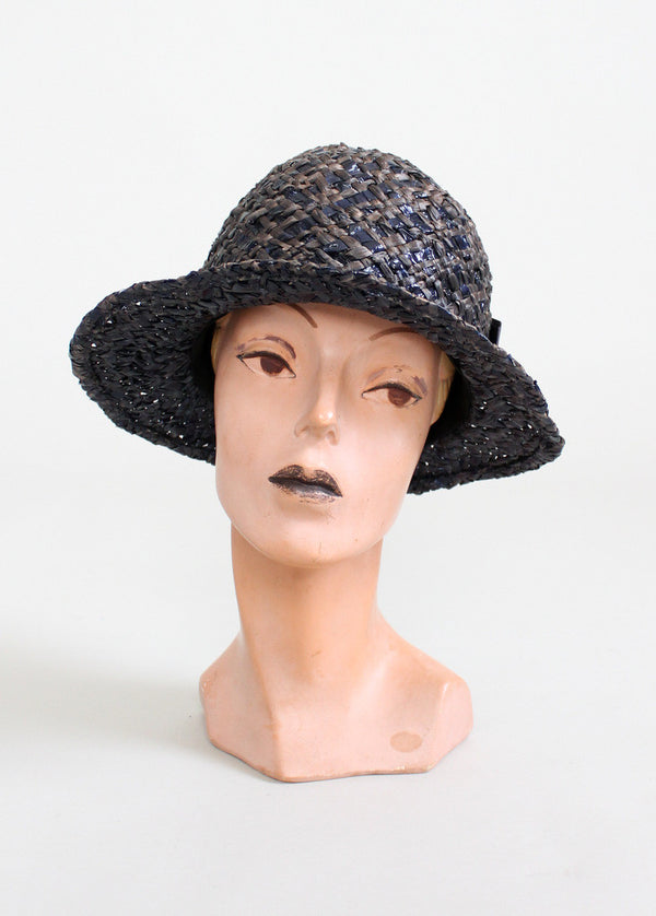 Vintage 1920s Navy and Grey Straw Cloche Hat - Raleigh Vintage