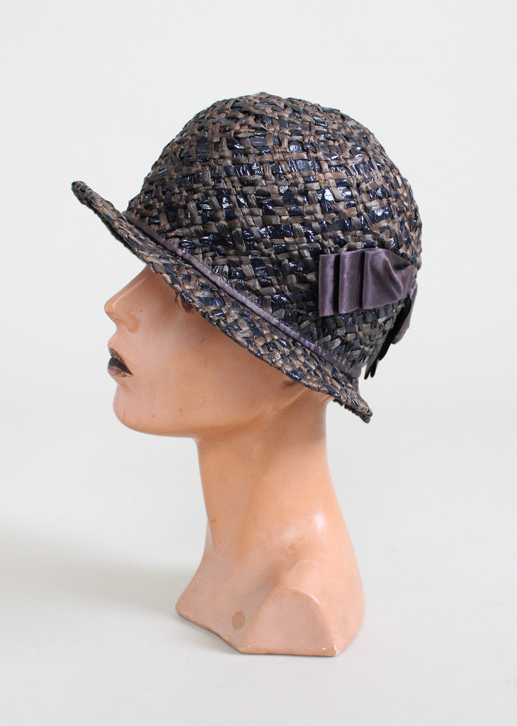 Vintage 1920s Navy and Grey Straw Cloche Hat