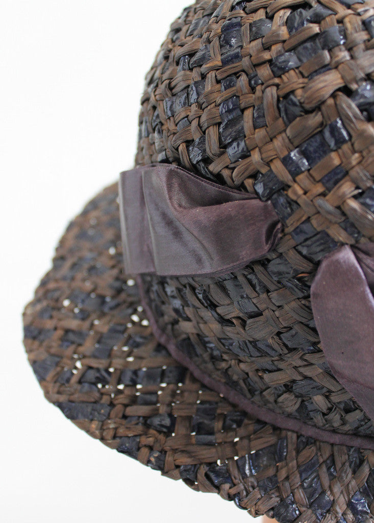 Vintage 1920s Navy and Grey Straw Cloche Hat