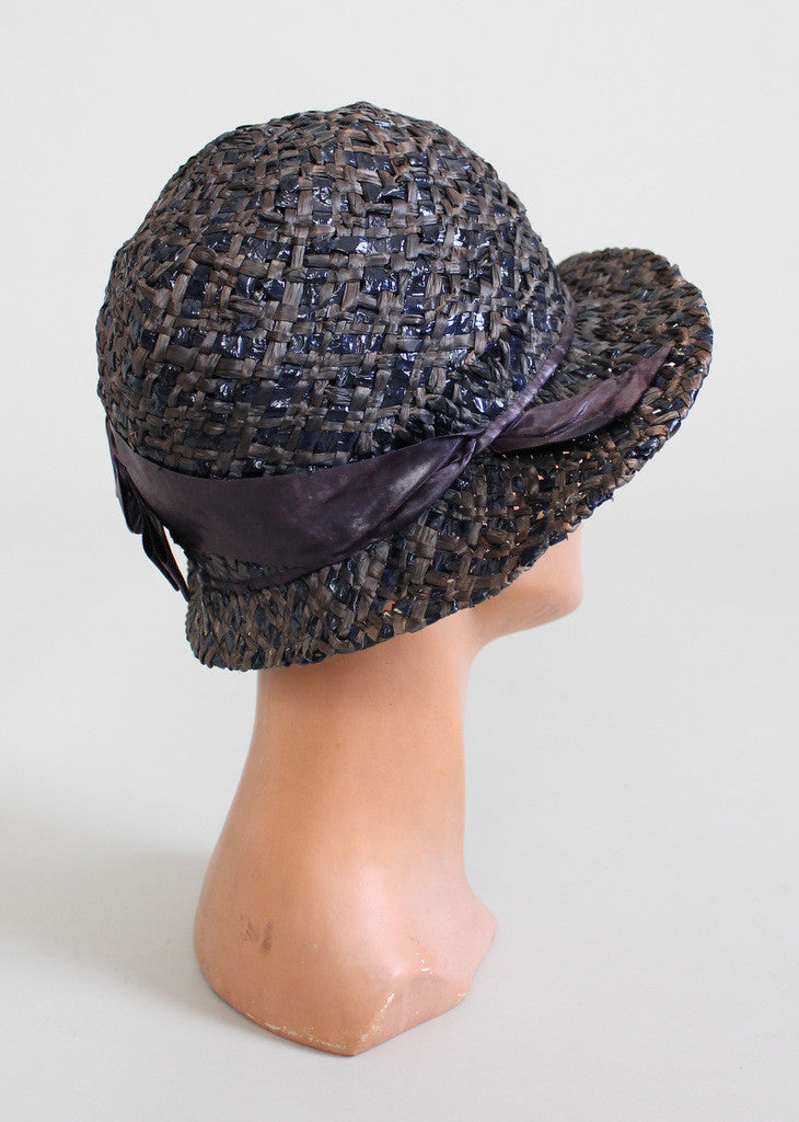 Vintage 1920s Navy and Grey Straw Cloche Hat