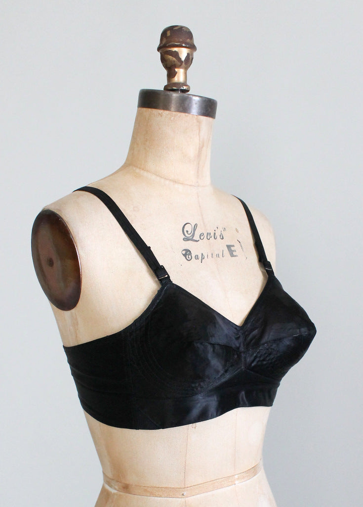 Vintage 1950s Black Satin Soft Cup Bra Pin Up Burlesque Style Bust