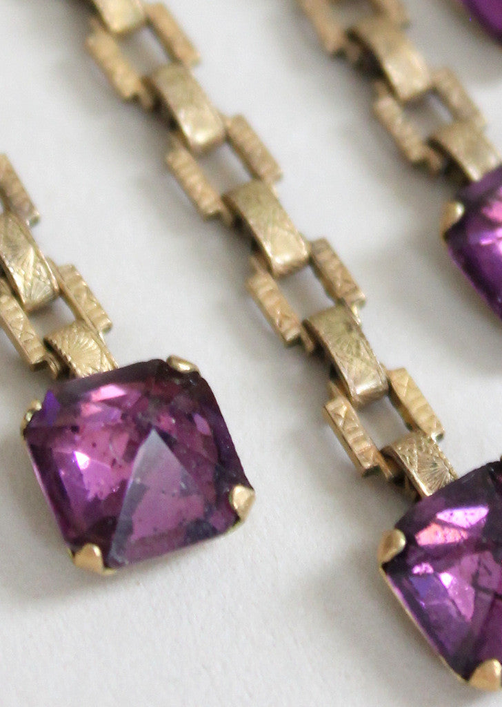 Vintage 1940s Brass and Purple Glass Bib Necklace