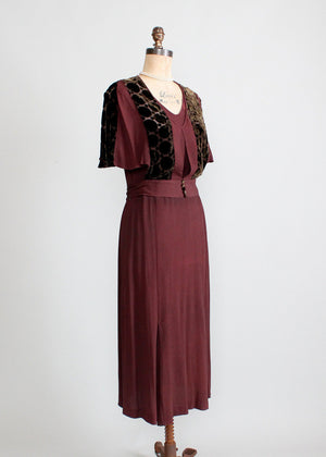 Vintage 1930s Crepe and Velvet Dress