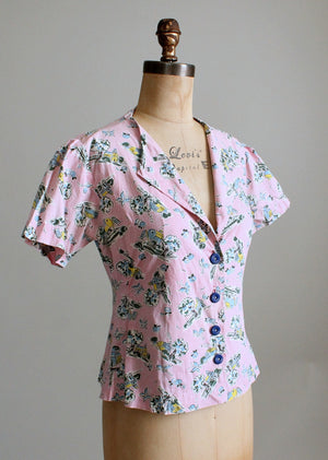 Vintage 1940s Pink Novelty Print Cotton Blouse