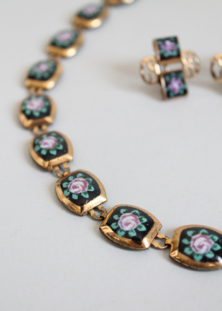 Vintage 1950s Painted Roses Brass Necklace and Earrings