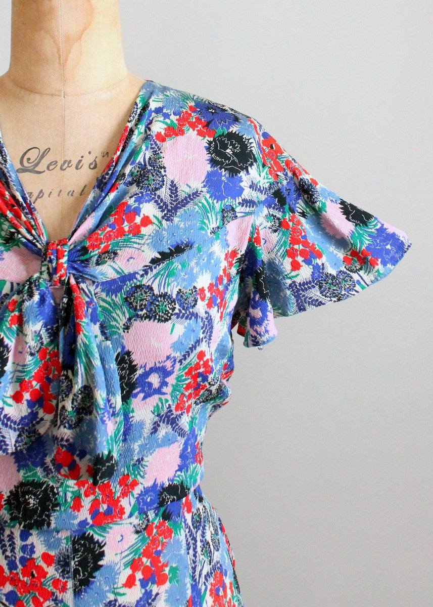 Vintage 1930s Blue, Red, and Pink Floral Crepe Dress