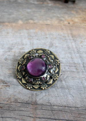 Vintage 1930s Brass and Plum Roundel Brooch
