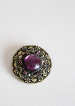 Vintage 1930s Brass and Plum Roundel Brooch