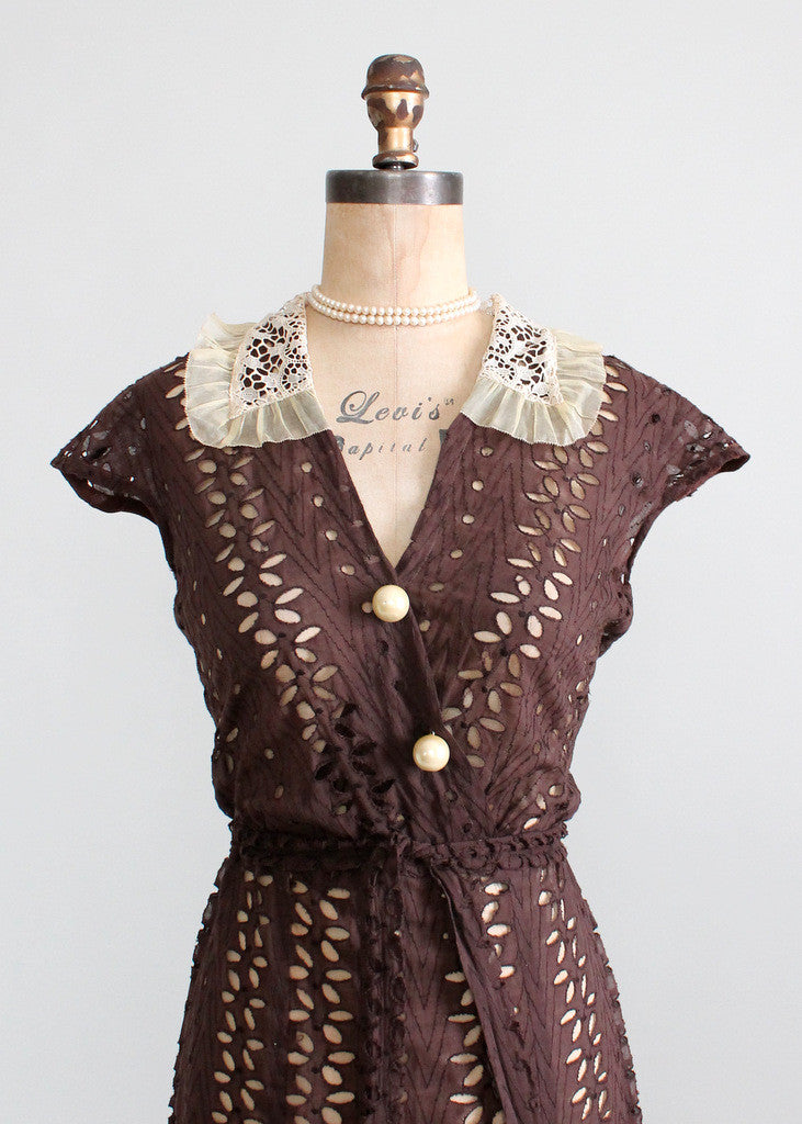 Vintage 1930s Brown Eyelet Day Dress