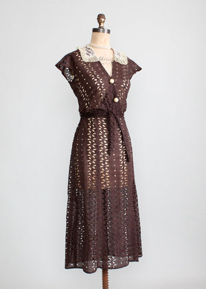 Vintage 1930s Brown Eyelet Day Dress