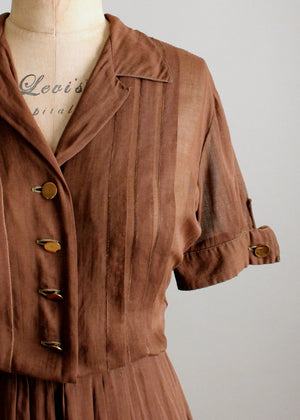 Vintage 1950s Sheer Brown Cotton Shirt Dress