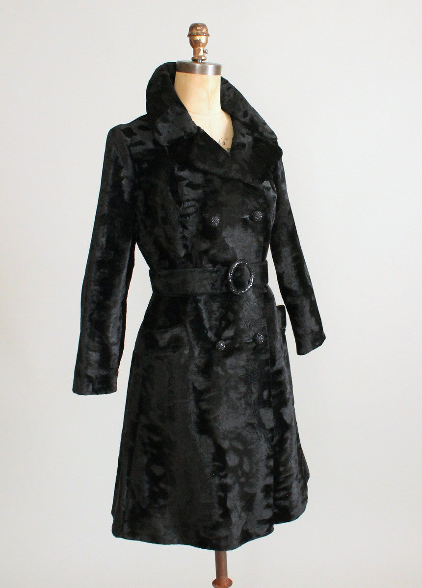 Vintage 1960s MOD Black Faux Fur Belted Winter Coat