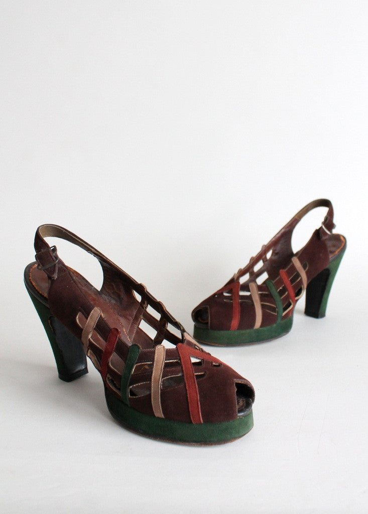 Vintage 1940s Fall Colors Suede Platform Sandals Size 7.5