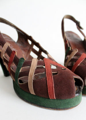 Vintage 1940s Fall Colors Suede Platform Sandals Size 7.5