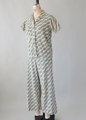 Vintage Late 1940s Waves and Stripes Cotton Pajama Set