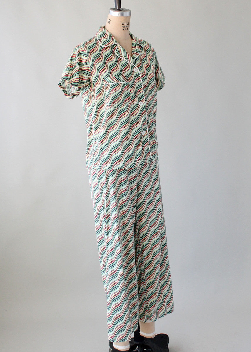 Vintage Late 1940s Waves and Stripes Cotton Pajama Set