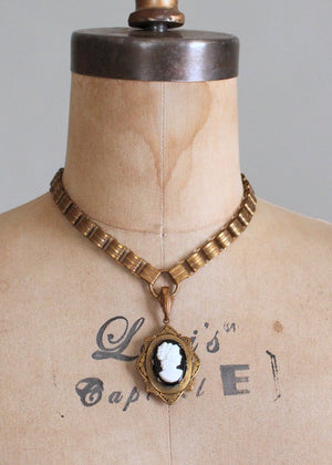 Vintage Victorian Revival Brass Locket with an Onyx Cameo and Bookchain Necklace