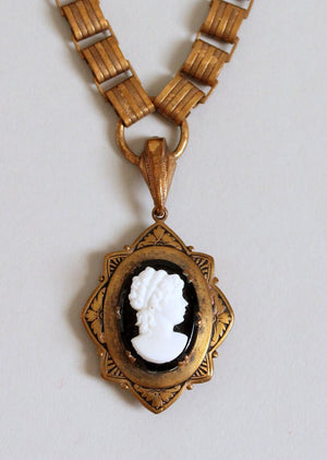 Vintage Victorian Revival Brass Locket with an Onyx Cameo and Bookchain Necklace