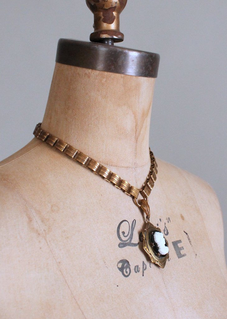 Vintage Victorian Revival Brass Locket with an Onyx Cameo and Bookchain Necklace